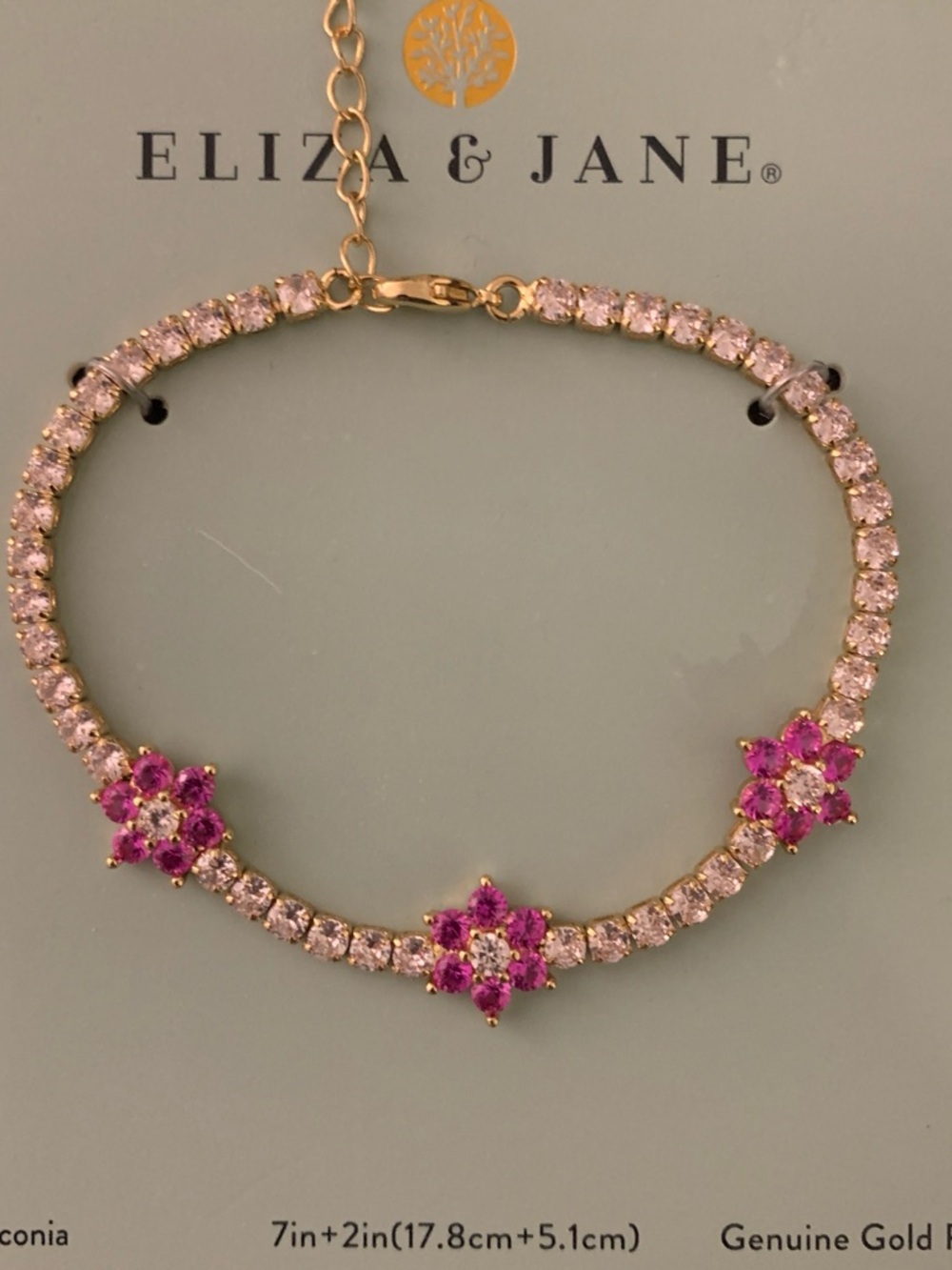 Pink Crystal Flower Tennis Bracelet - Gold